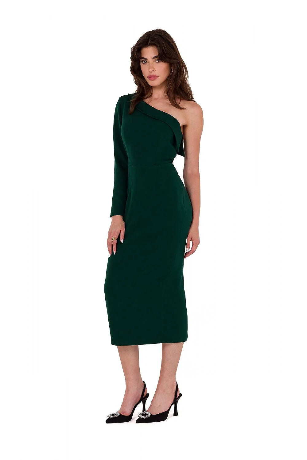 Robe de soirée Makover élégante asymétrique épaule nue manche longue coupe crayon vert foncé femme