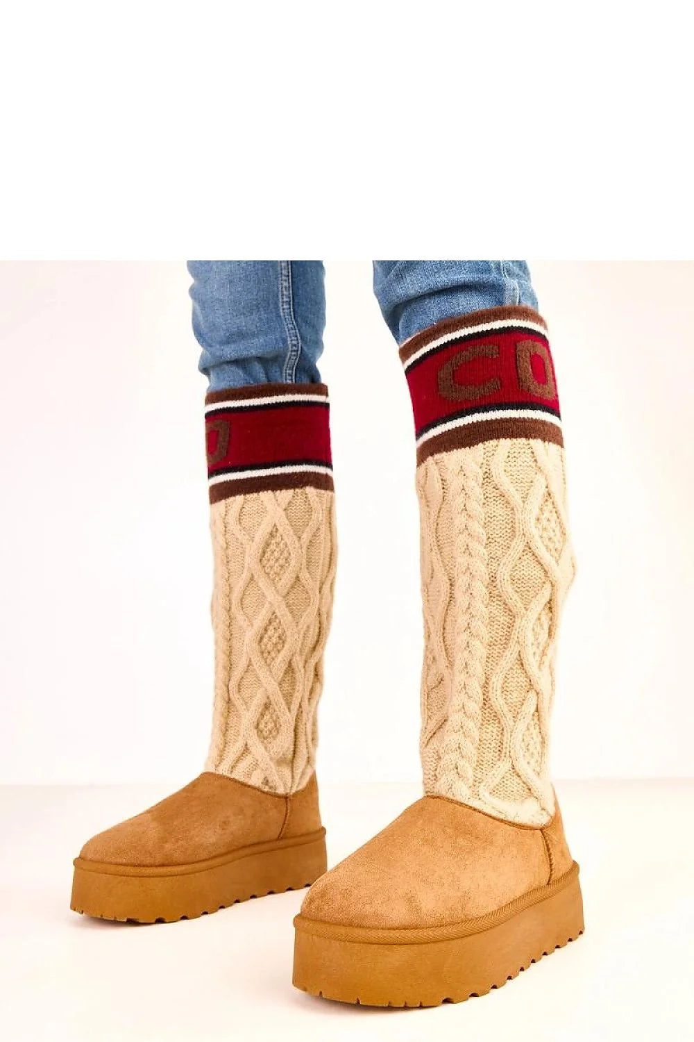 bottes neige femme tige haute 40cm cuir écologique suédine camel maille torsadée beige bord côtelé bordeaux plateforme 5cm