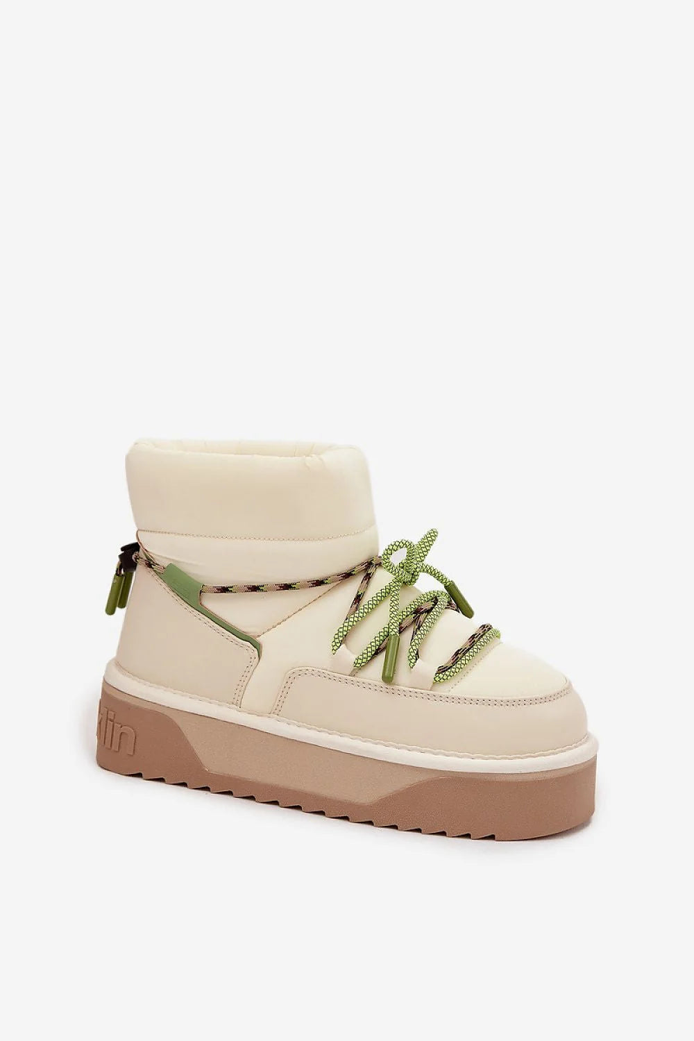 bottes neige femme DFranklin synthétique nylon imperméables légères doublure fourrure thermique semelle caoutchouc adhérence plateformes crantée chunky beige lacets bicolores