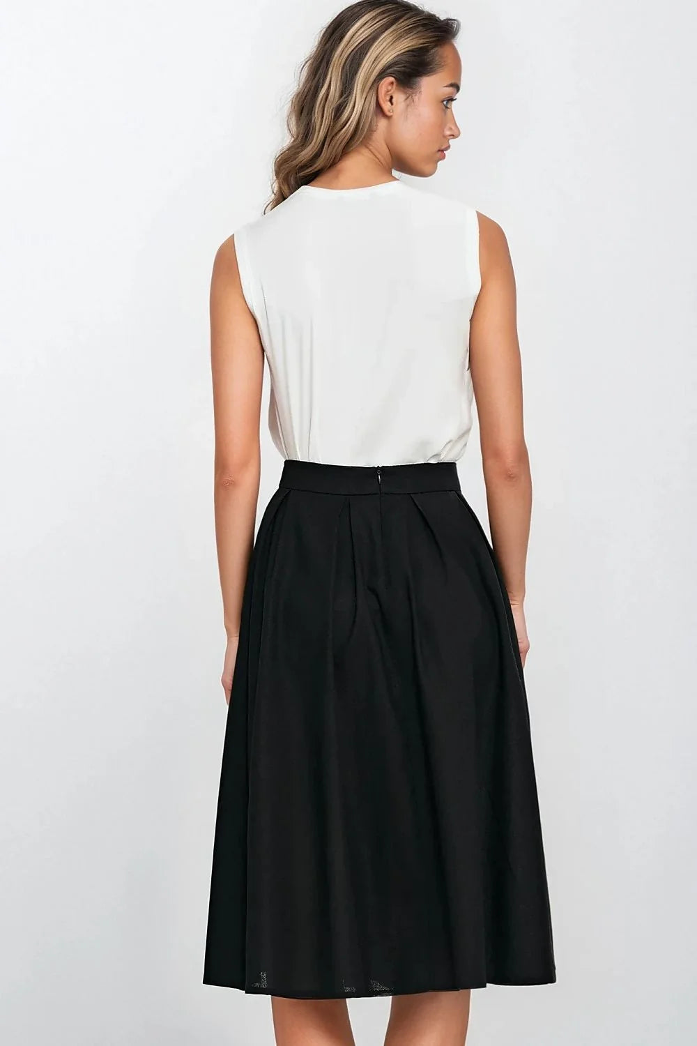 jupe midi Nife élégante confortable rayonne lin mélange coupe régulière taille haute évasée plis décoratifs poches latérales