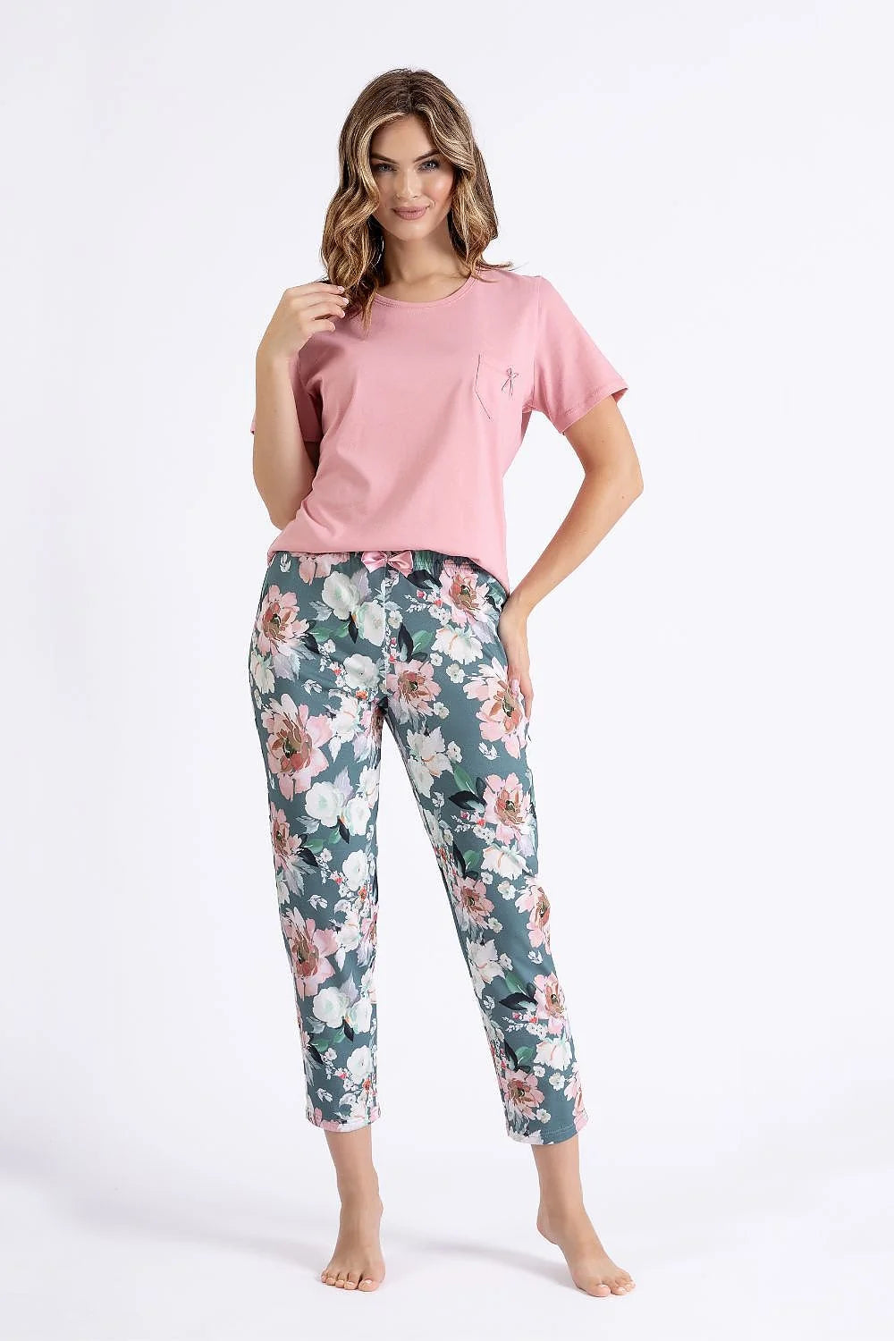 Pyjama femme confortable style décontracté robe de chambre manches courtes pantalon imprimé floral rose pâle vert sombre coton respirant
