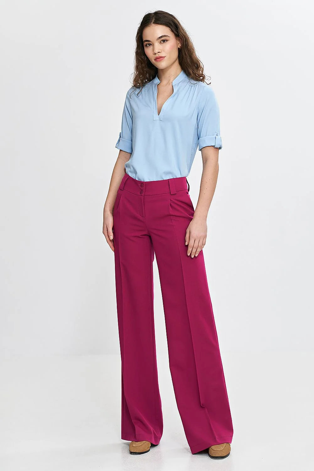 Pantalon long femme coupe ample taille haute magenta vif large leg ceinture passants fermeture glissante