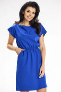 Robe de jour simple et élégante manches courtes encolure bateau poches latérales taille élastiquée polyester polyvalente femme