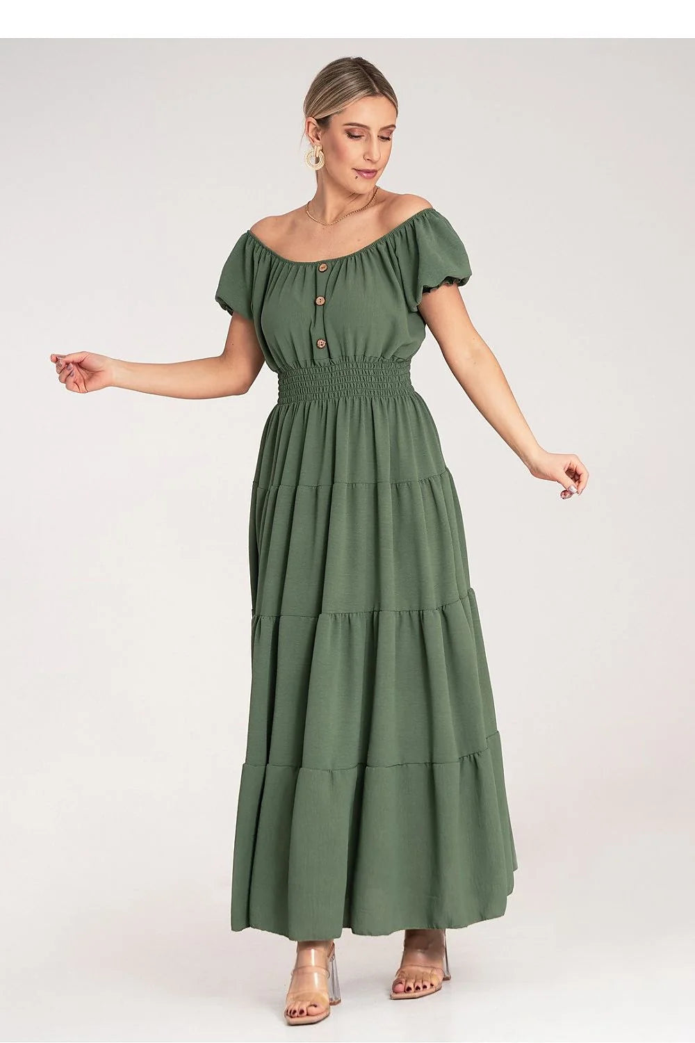 Robe bohème longue vert olive en tissu léger manches bouffantes encolure bardot élastique taille ajustable pour femme