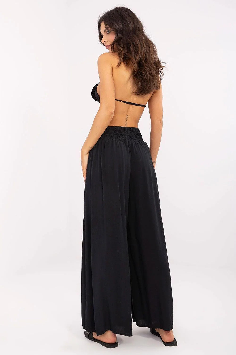 Pantalon femme Och Bella, style palazzo, viscose, taille haute, jambes larges, détails floraux, noir, confort, élégance, occasions décontractées, festivals, mode féminine