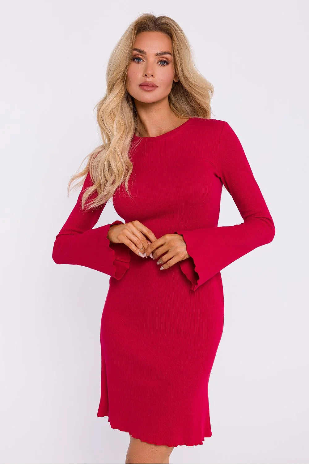 Robe de jour élégante pour femme en maille ajustée manches longues col rond rouge vif