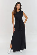 Robe de jour élégante noire longue sans manches ceinture nouée femme style intemporel coupe droite fente latérale