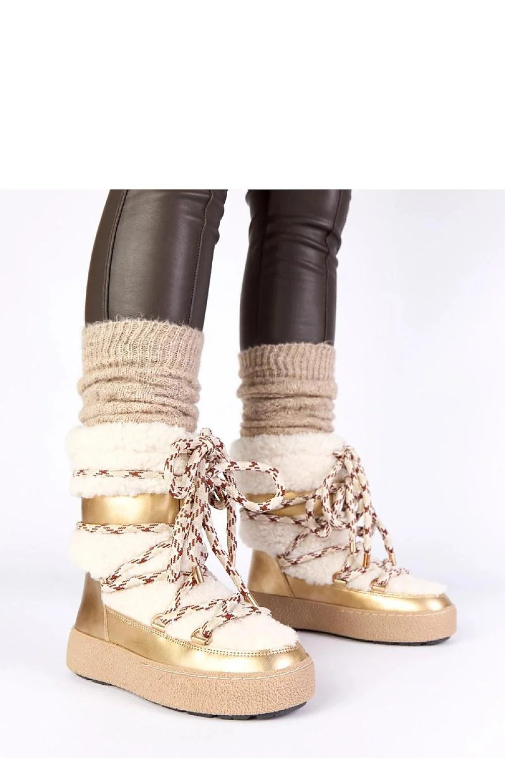 bottes neige fourrure fausse lacées cuir écologique douces cosy aprèsski tige19cm plateforme4cm semelle antidérapante caoutchouc rembourrées dorées