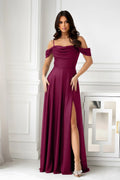 robe soirée longue bordeaux pailletée coupe évasée taille cintrée fente latérale haute encolure drapée épaules dénudées fines bretelles mariage gala