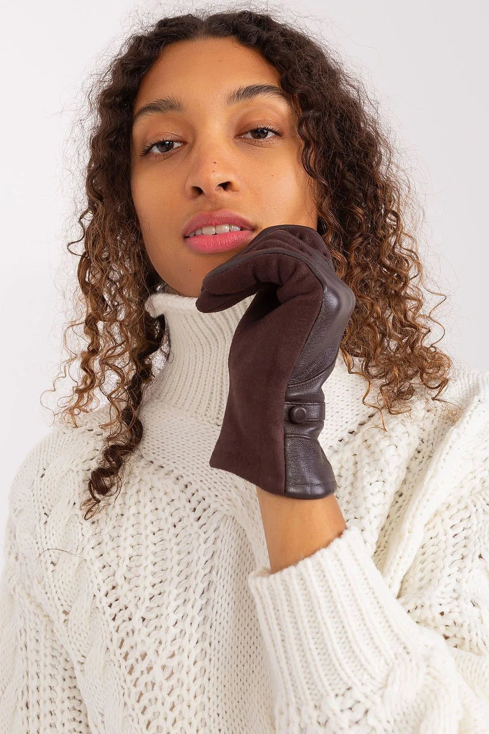 Gants élégants pour femmes en cuir marron foncé avec broderie fleur index ajustables poignets décoratifs occasionnels