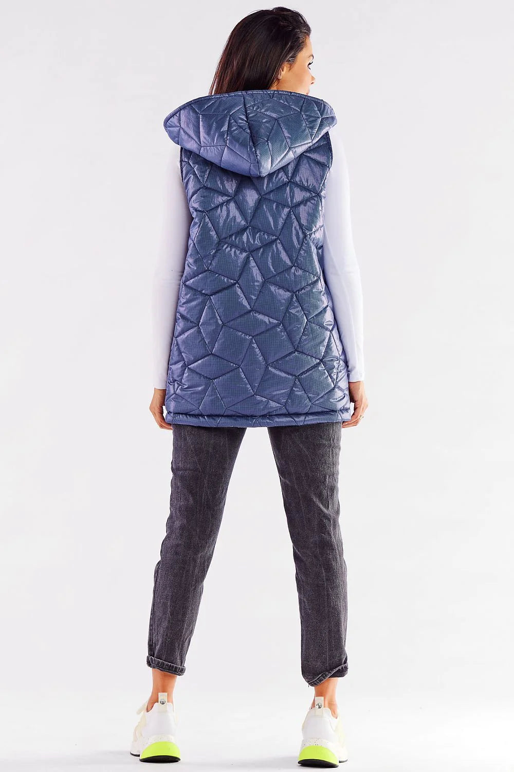 gilet matelassé femme longue capuche satiné polyester isolant léger motif losanges géométrique pressions col relevé bleu marine noir