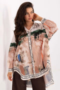 chemisier tunique oversize voile chiffon semitransparent imprimé aquarelle beige rosé vert terrecuite col classique patte boutonnage liseré contrastant