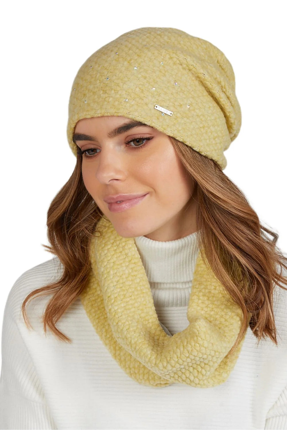 L'ensemble Kamea : bonnet et écharpe tube en laine jaune pâle pour femme, hiver 2023