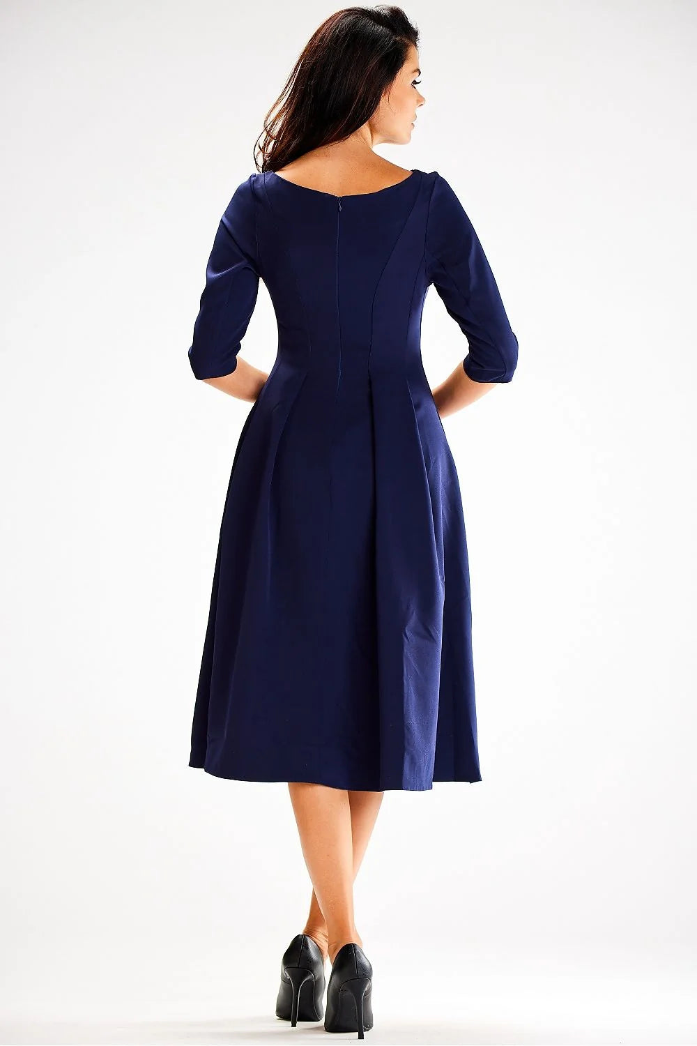 Robe de jour élégante midi manches 3/4 encolure bateau silhouette A en viscose polyester elasthanne bleu marine femme taille ajustable