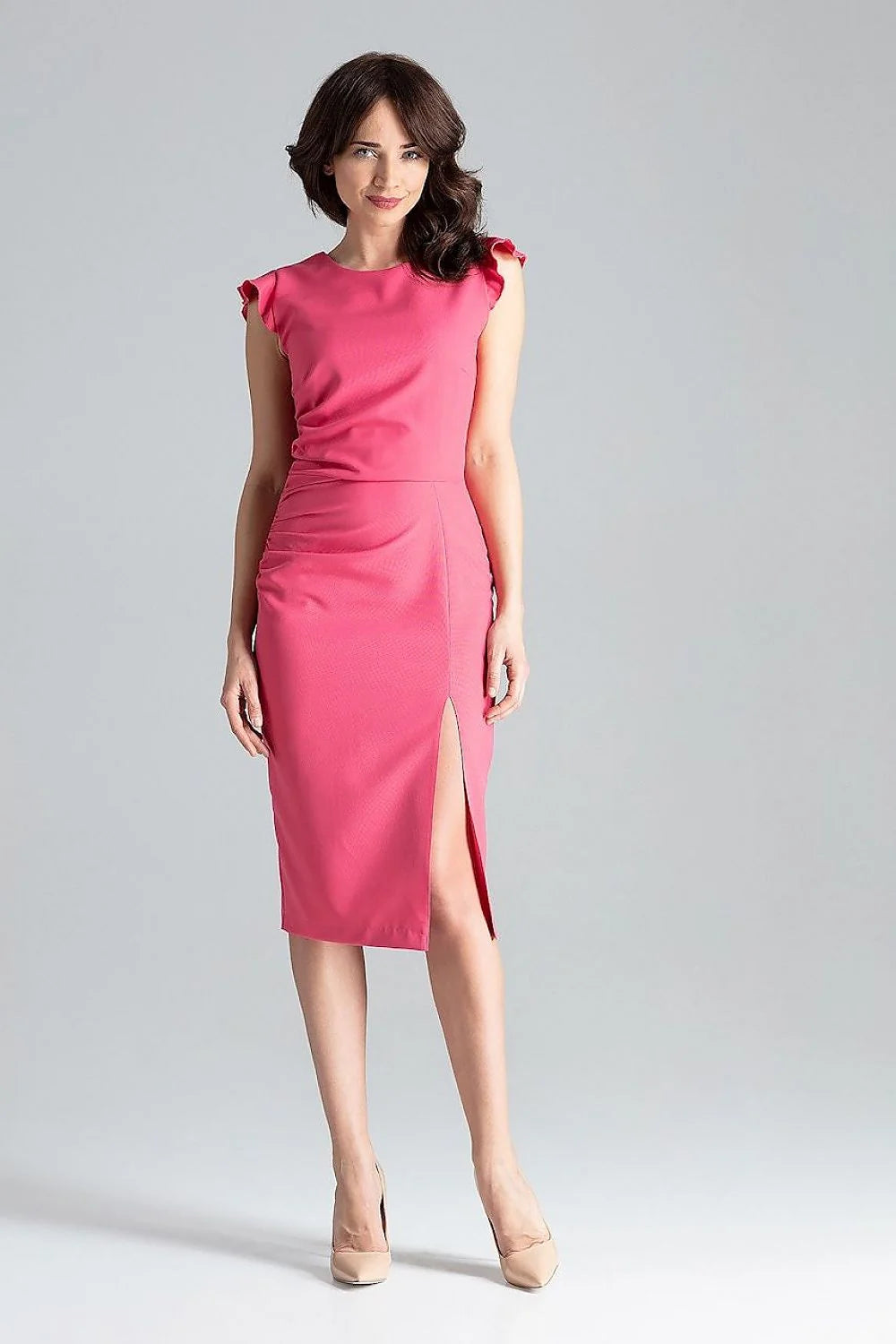 Robe de cocktail élégante couleur vert émeraude sans manches volants épaules fente haute coupe ajustée polyester 100% femme