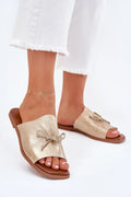 sandales femmes similicuir doré métallisé plates mules ouvertes bout découvert tige large nœud tressé slipon semelle brun rembourrée confortable