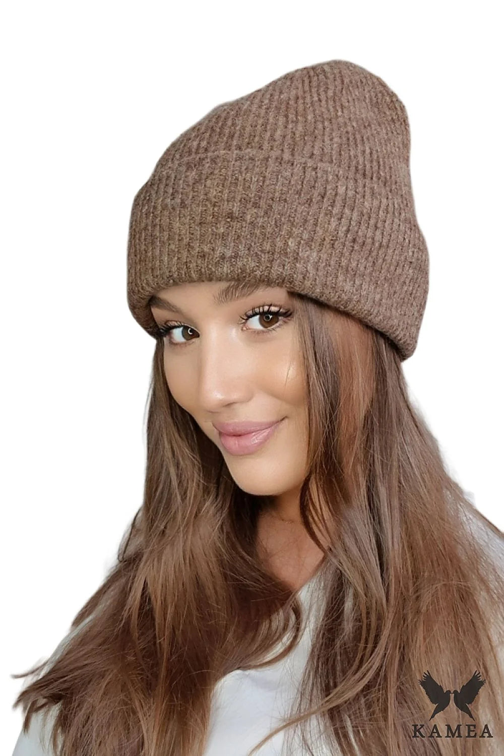 bonnet femme laine côtelée taupe doublé chaud confortable slouchy ample revers épais thermique doux respirant élégant polyvalent durable
