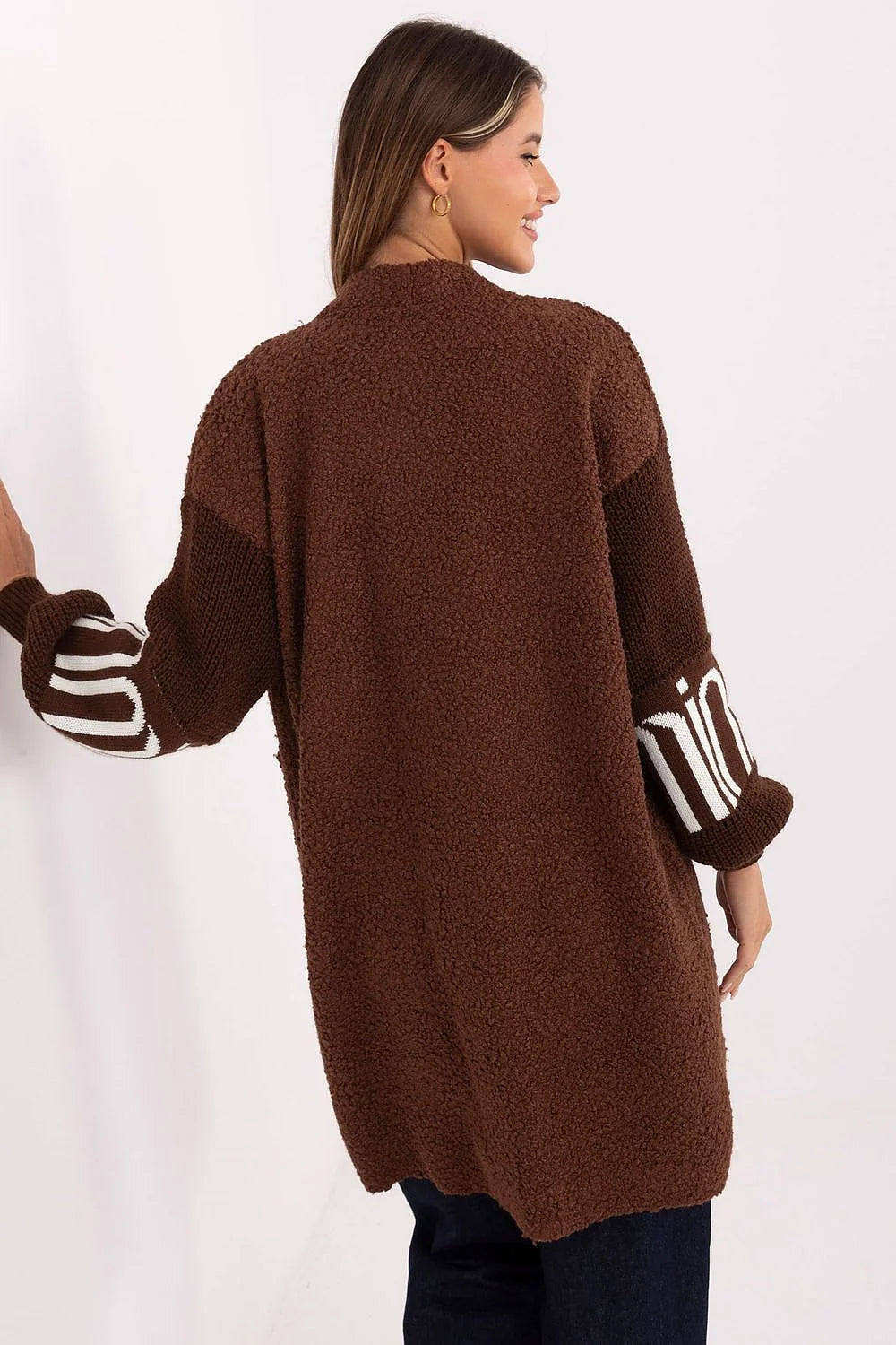 cardigan coatigan long femme oversize chocolat bouclette sherpa douce manches ballon côtelées poches plaquées brodée ouverte chaude automne décontractée