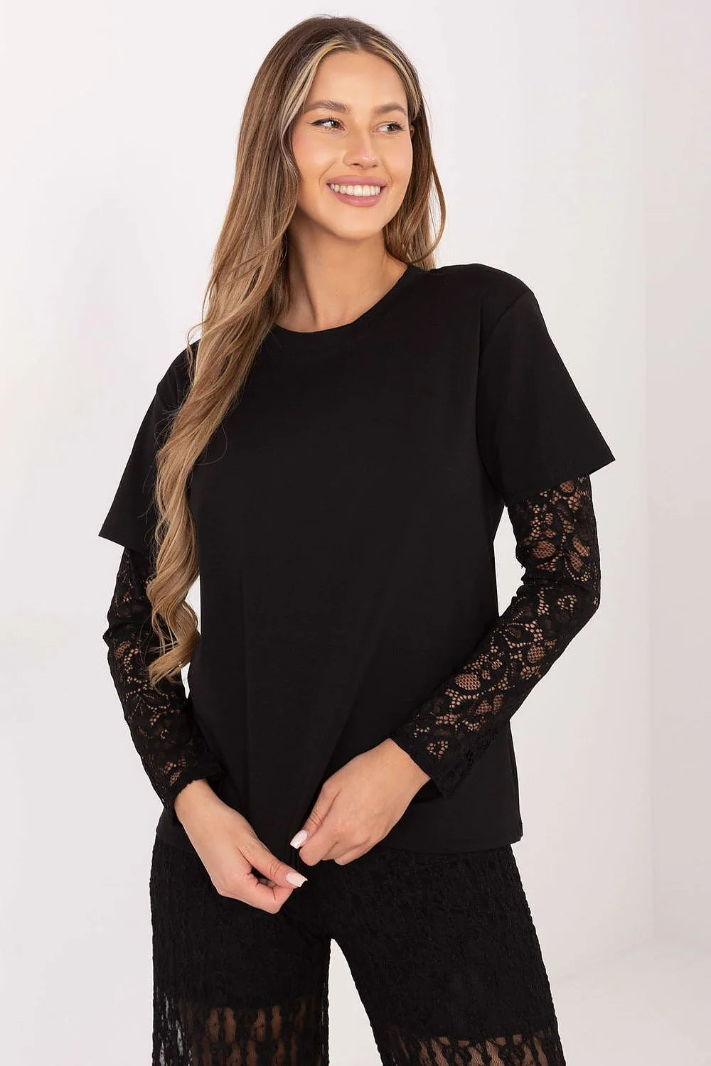 chemisier femme noir superpose jersey col rond manches trois quarts dentelle florale semi transparente coupe droite decontractee matiere douce respirante