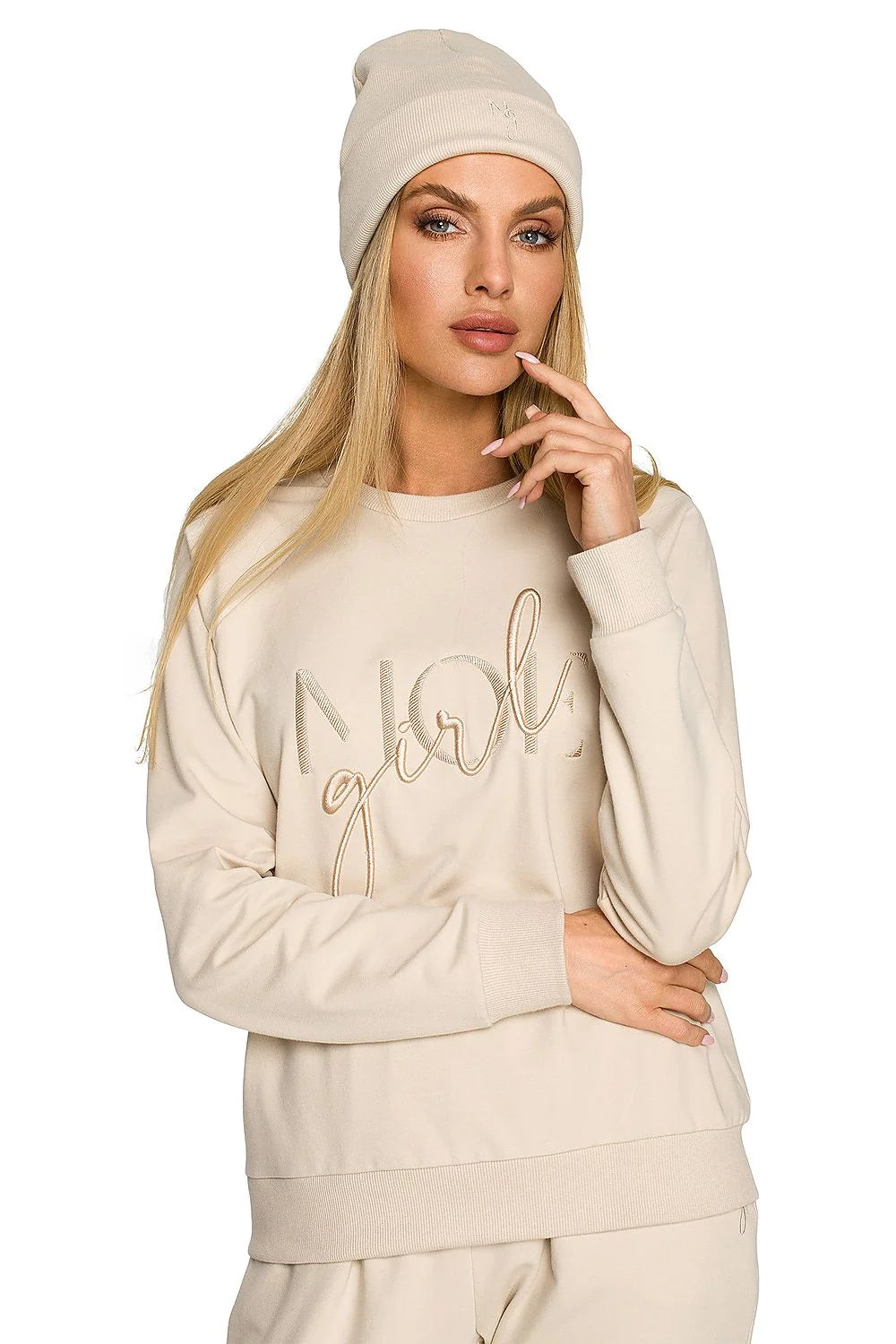 Bonnet Moe en maille stretch côtelée avec broderie dorée, sweat assorti col rond manches longues, ensemble mode femme élégant automne hiver