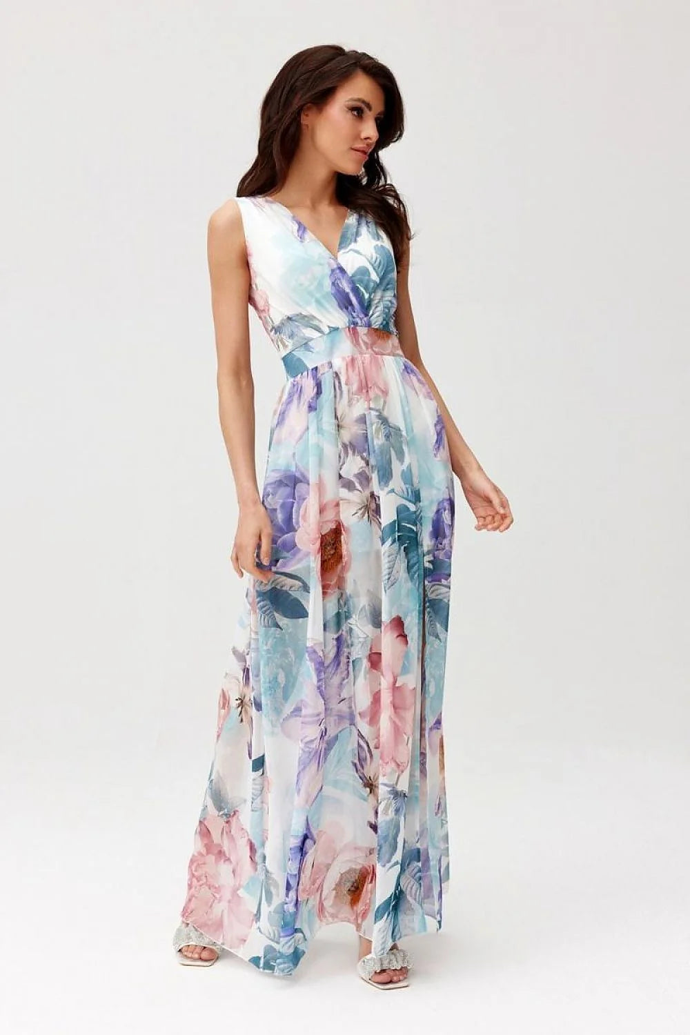 Robe de jour Roco Fashion longue en mousseline floral pastel V-dos large bretelles taille ajustée occasion été élégant femme