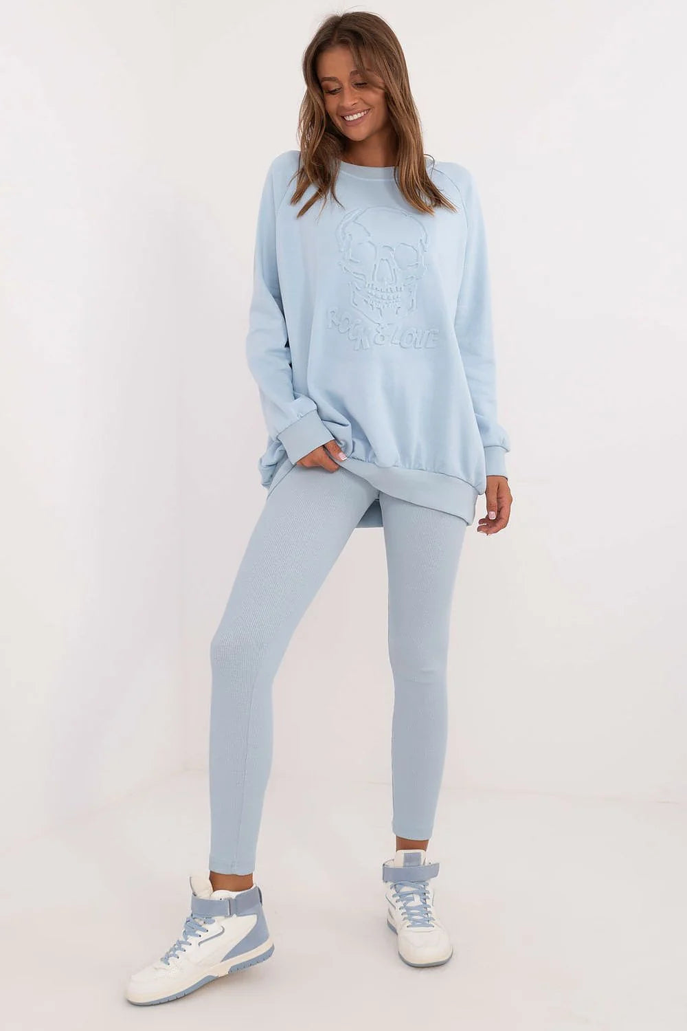 Ensemble femme sweatshirt ample legging côtelé sneakers sportswear casual light blue high waist stretch fabric women's fashion