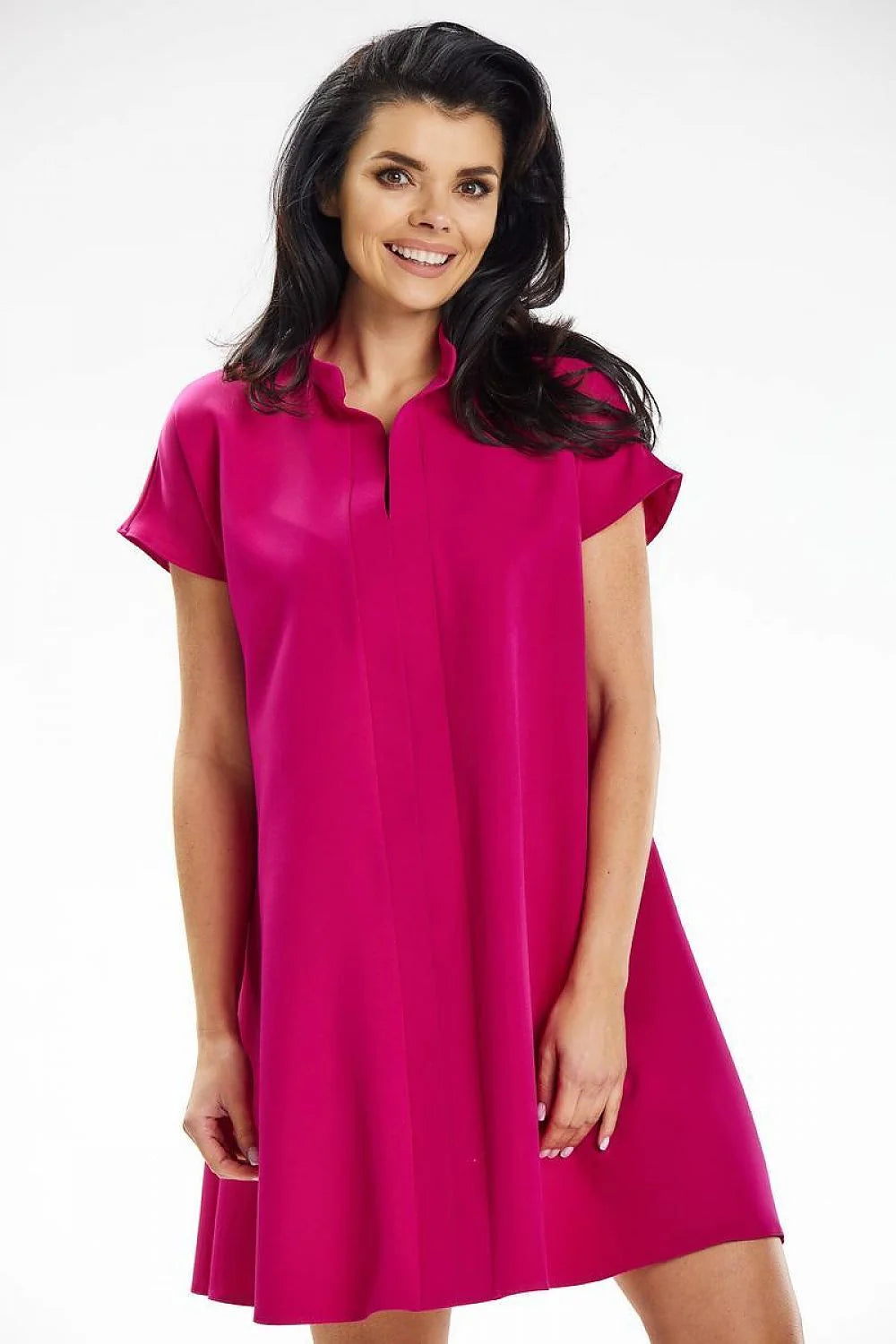 Robe de jour awama moderne trapèze manches courtes col montant rose fuchsia élasthanne polyester femmes taille SXL