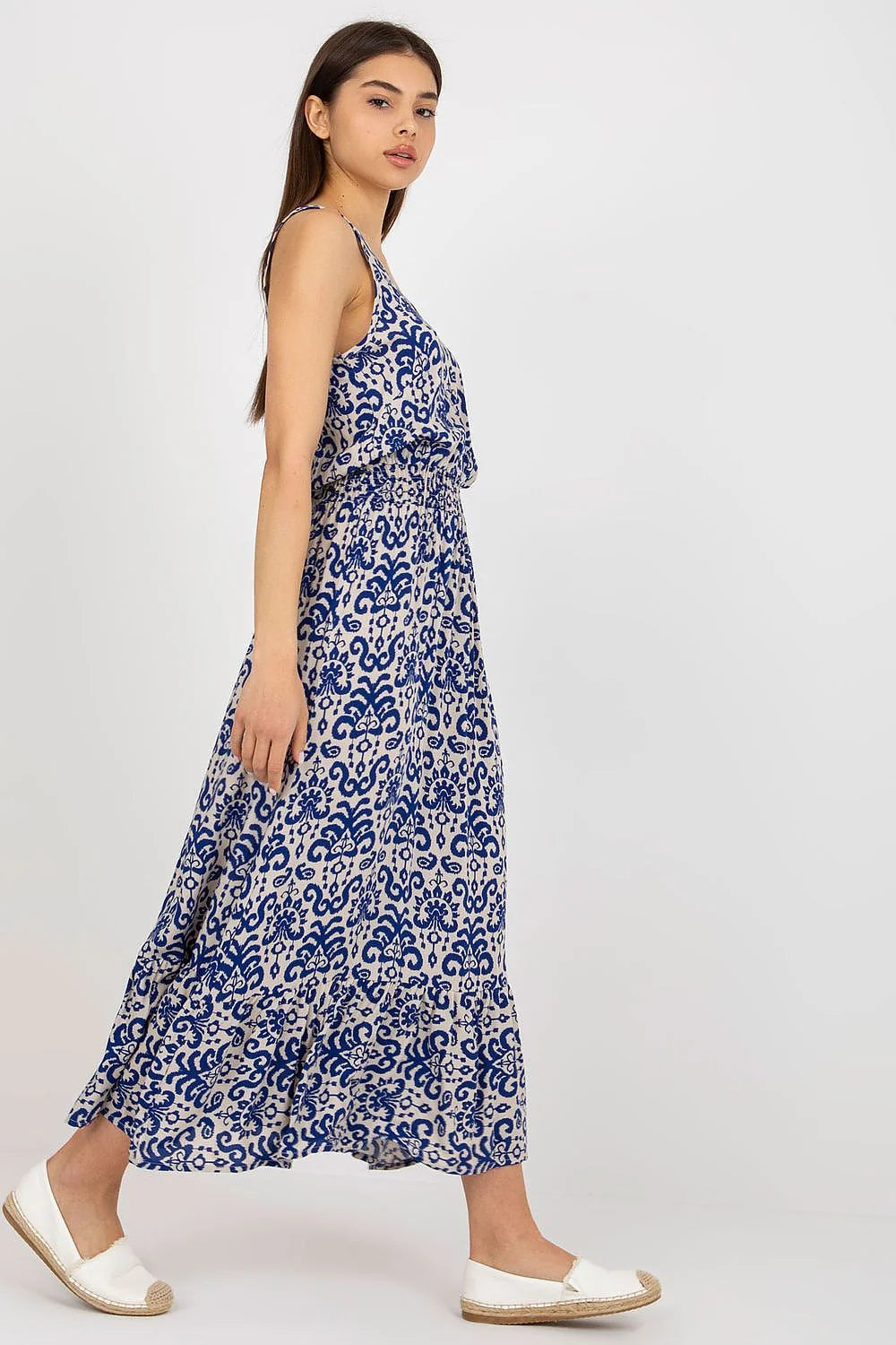 Robe de jour Fresh Made été longue sans manches encolure V taille élastiquée ourlet volanté viscose bleu beige femme