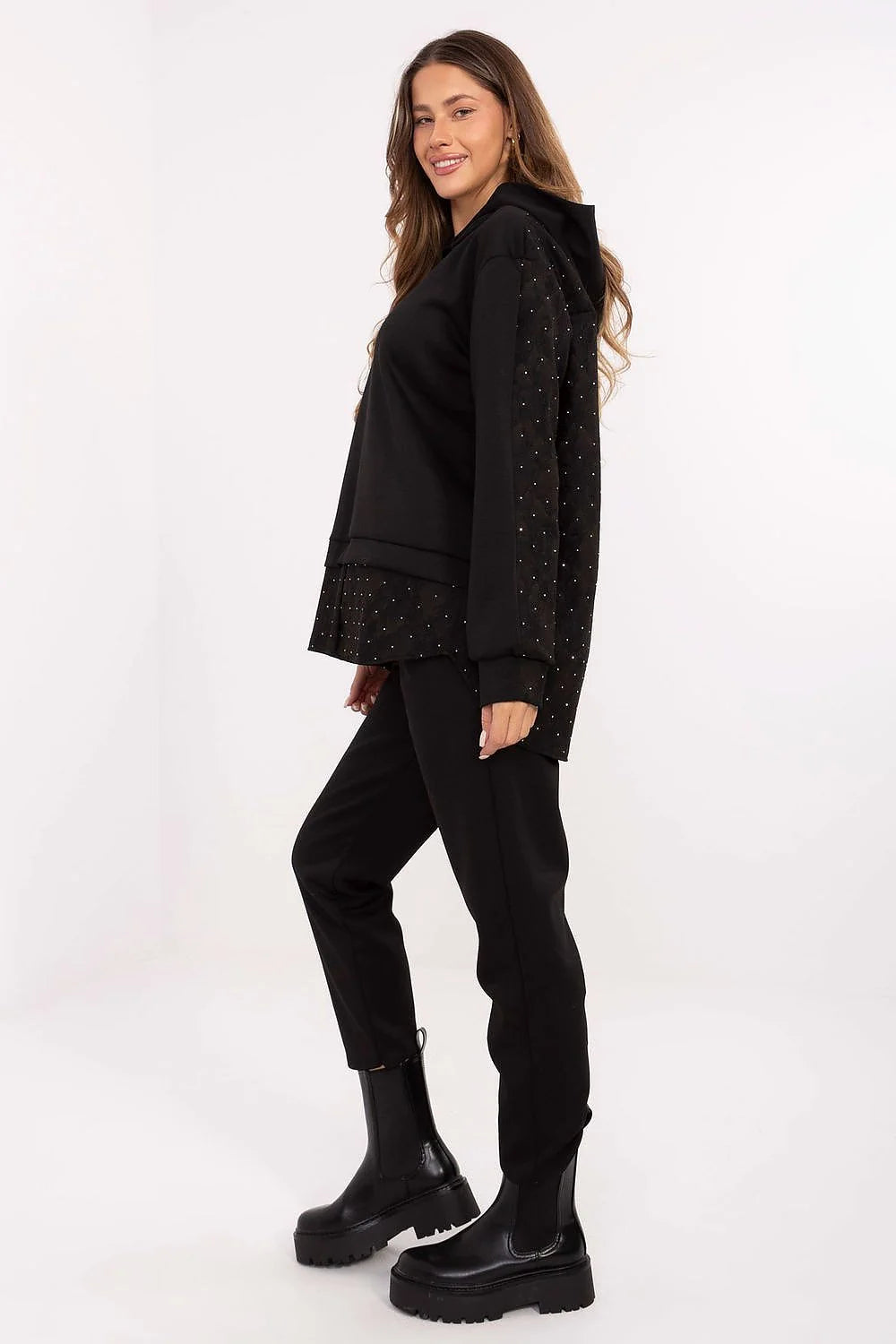 ensemble sweat capuche oversize jogger noir casual chic molleton doux strass tulle pois dentelle taille élastique poches latérales