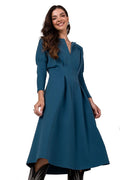 Robe élégante en bleu sarcelle pour femme, coupe A, manches longues, encolure V, matière douce, confortable, occasion多种