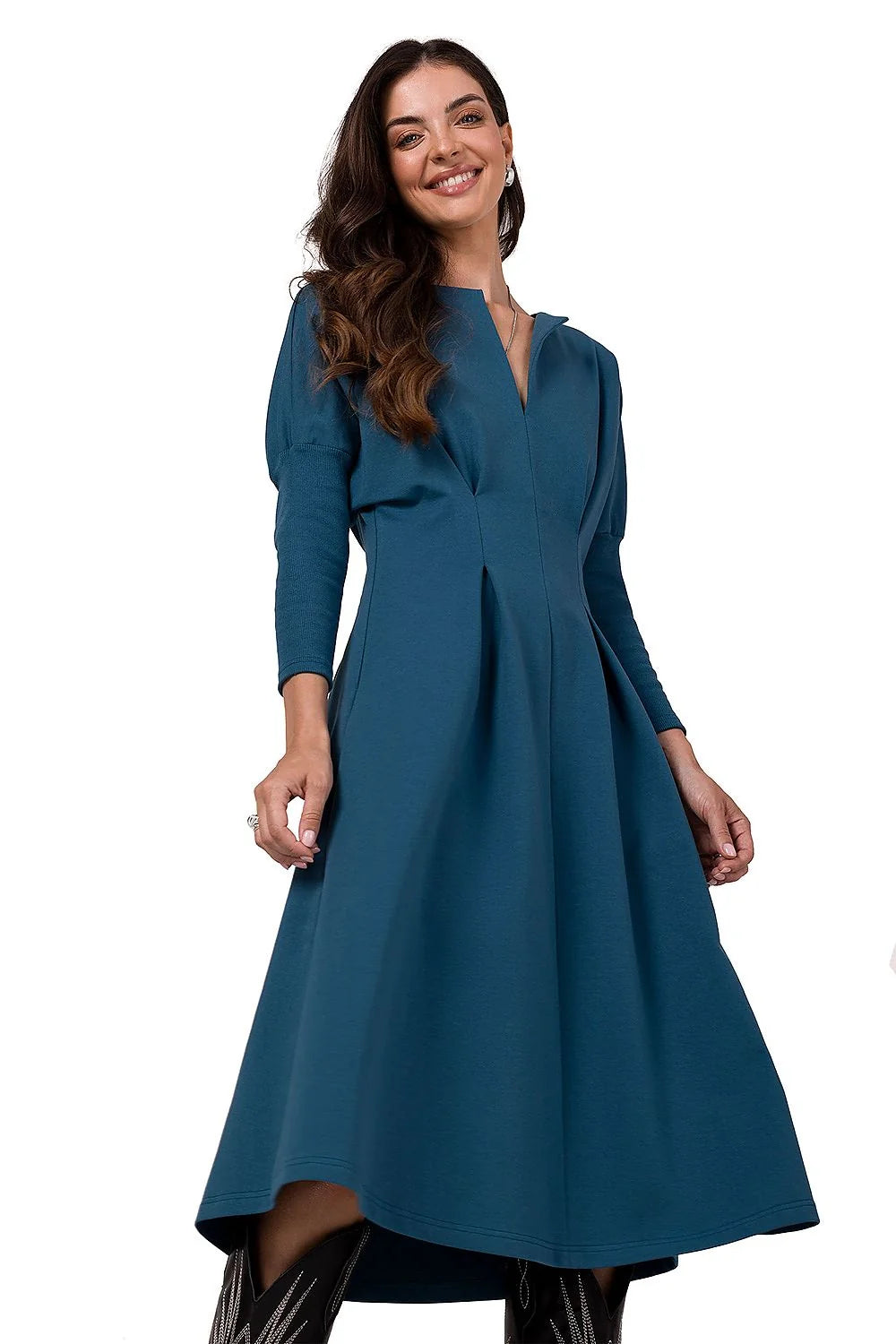 Robe élégante en bleu sarcelle pour femme, coupe A, manches longues, encolure V, matière douce, confortable, occasion多种