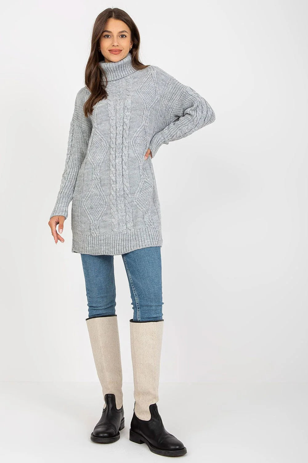 Chandail long pour femme en laine acrylique 70% 30% col roulé style oversize élégant