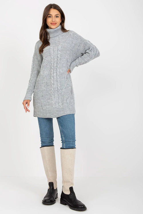 Chandail longs laine acrylique gris motifs torsades col roulé oversize elégant manches longues confort sophisté hiver femme