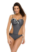 monokini gris anthracite polyester stretch nacré bonnets balconnet moulés rembourrés armature pushup bretelles spaghetti réglables fleurs blanches 3D
