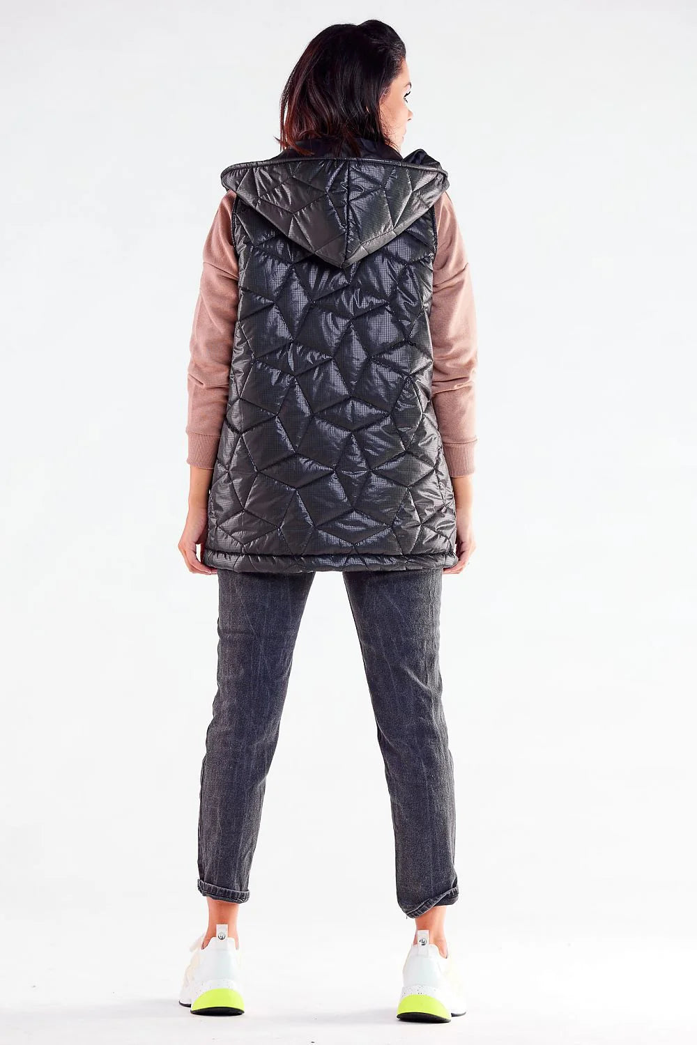 gilet matelassé femme longue capuche satiné polyester isolant léger motif losanges géométrique pressions col relevé bleu marine noir