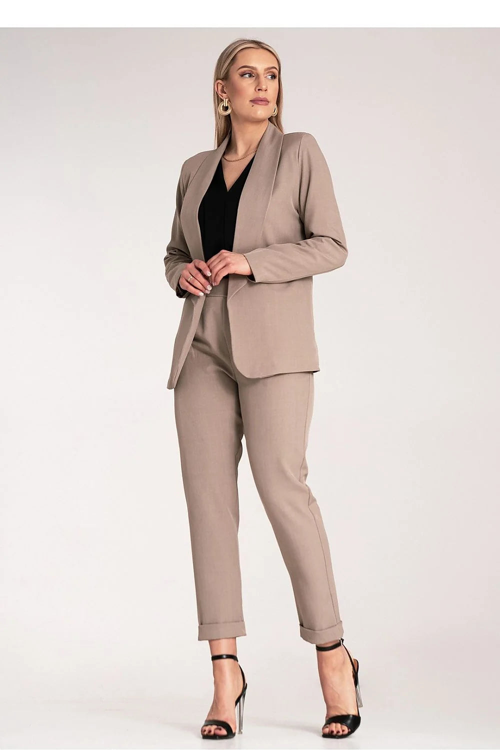 Blazer femme Figl en élasthanne et polyester coupe classique manches longues sans fermeture tailleur beige taille S/M