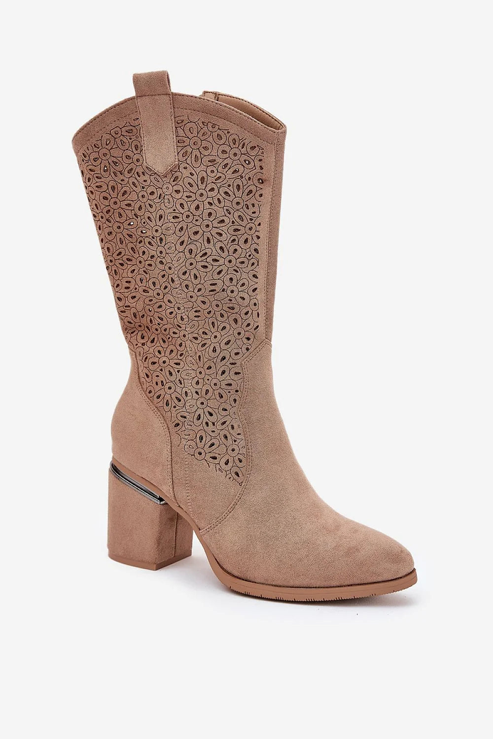 bottes feminines mi mollet suédine beige taupe ajourées motif floral boheme chic talon bloc recouvert métallique contrefort renforcé semelle antidérapante