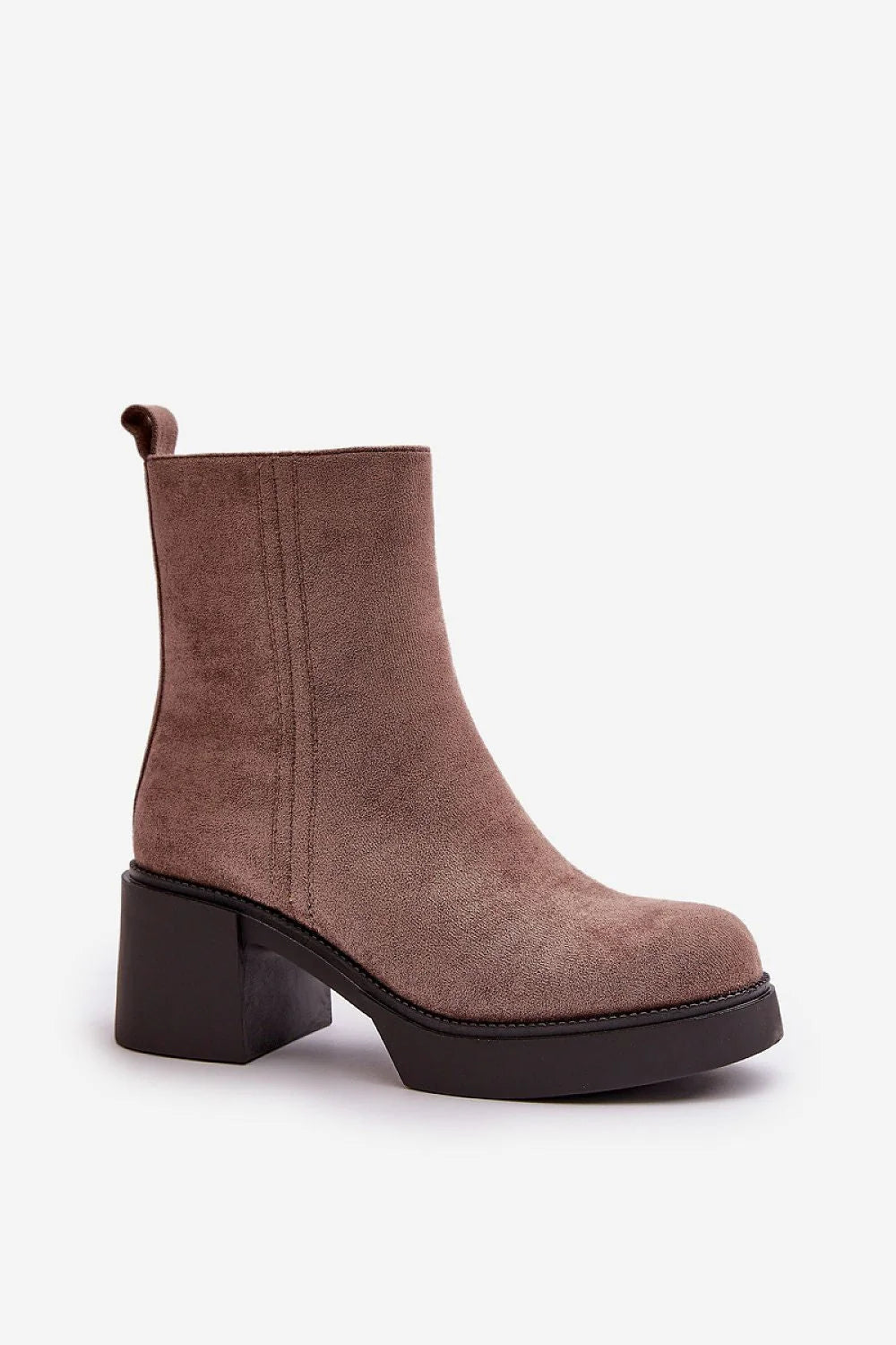 bottines femme élégantes suède taupe talon bloc carré tige cheville bout rond doublure chaude semelle caoutchouc noire antichoc