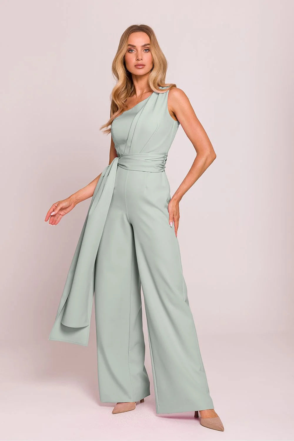 Combinaison élégante asymétrique motif épaule longueur totale écharpes latérales jambes larges fermeture éclair cachée femme
