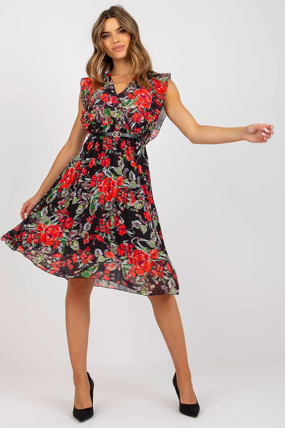 Robe élégante pour jour Italy Moda en polyester et élasthanne, manches courtes en volant, taille élastique, orange vif