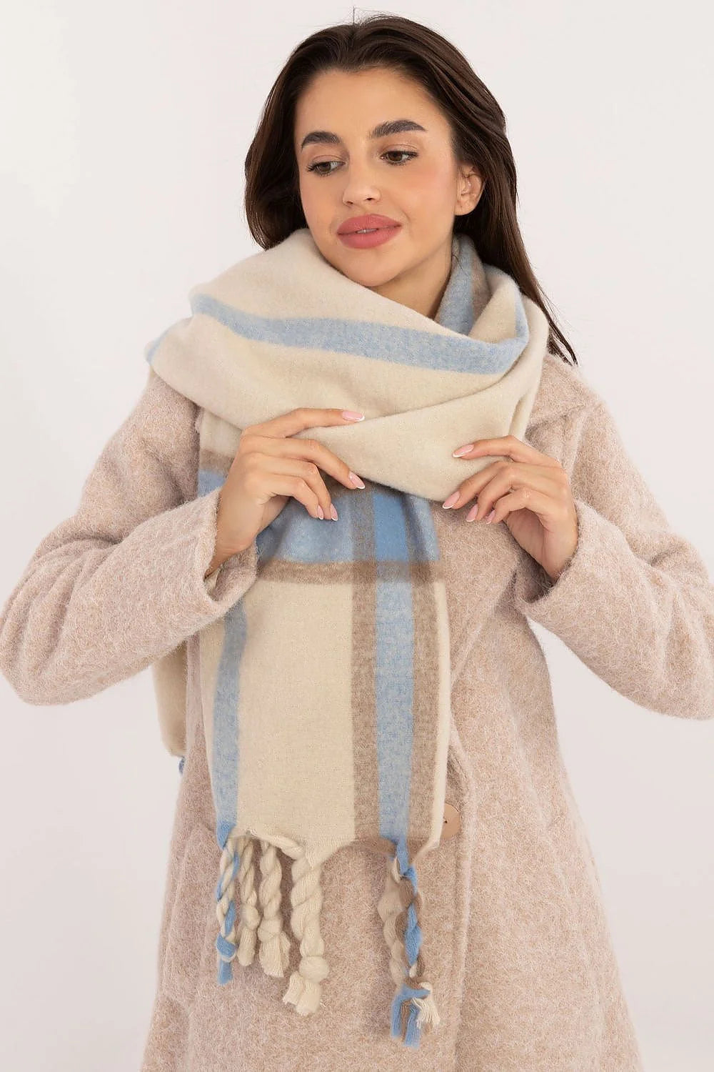 Châle écharpe hiver élégant pour femme en polyester motif rayures verticales franges beige bleu taupe