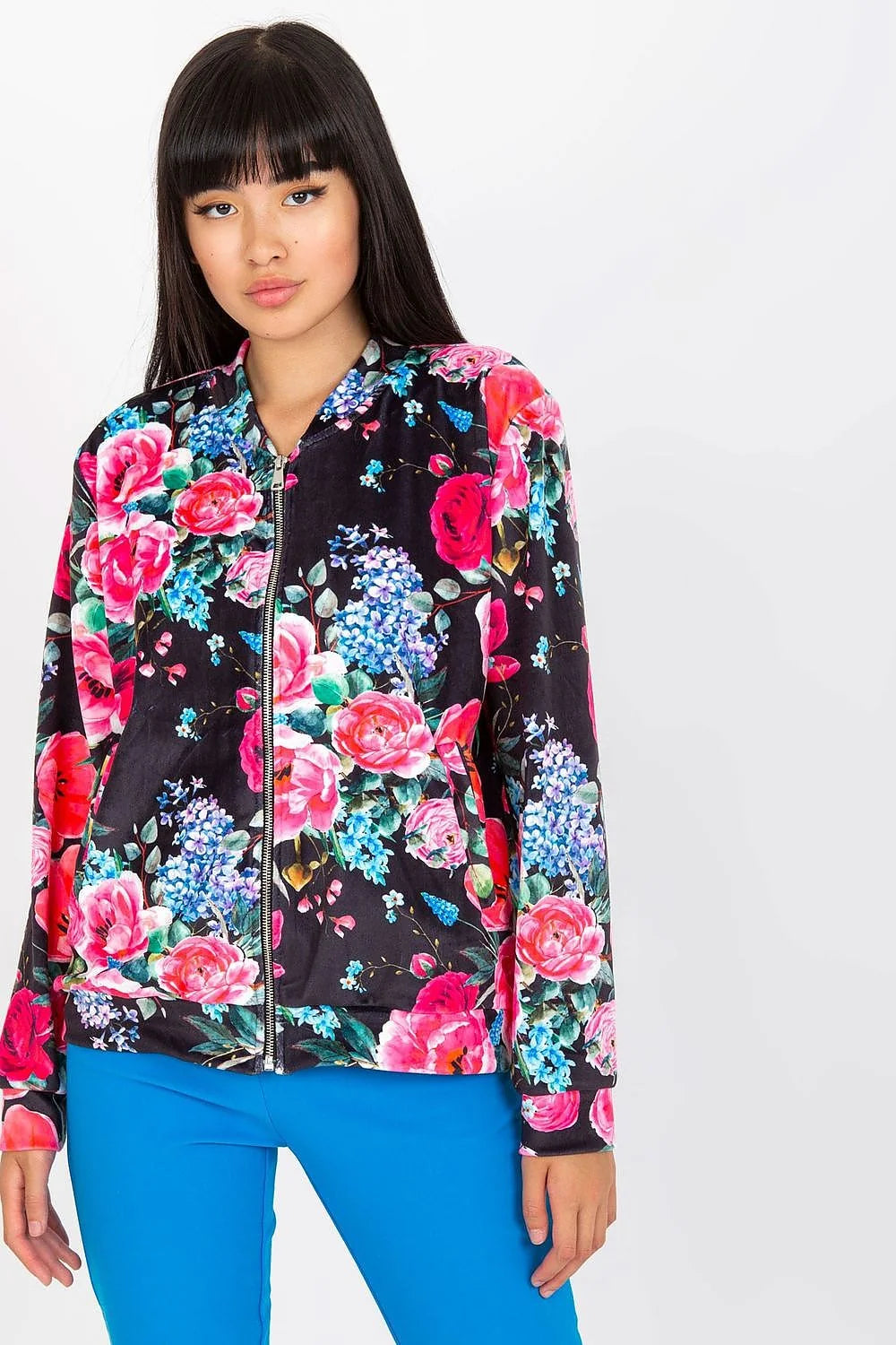Veste bomber femme motif floral multicolore matière douce coupe épurée fermeture éclair élasthanne viscosé