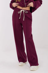 pantalon jogging femme taille haute jambes larges coupe droite ceinture cordon nouer poches latérales tissu doux épais bordeaux prune