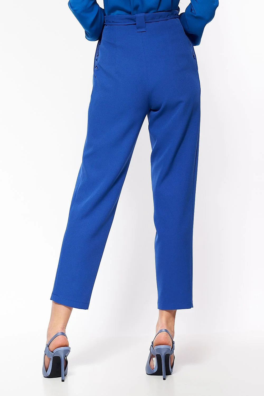 Pantalon femme crêpe bleu vif élégant taille haute ceinture nouée chic pour soirée