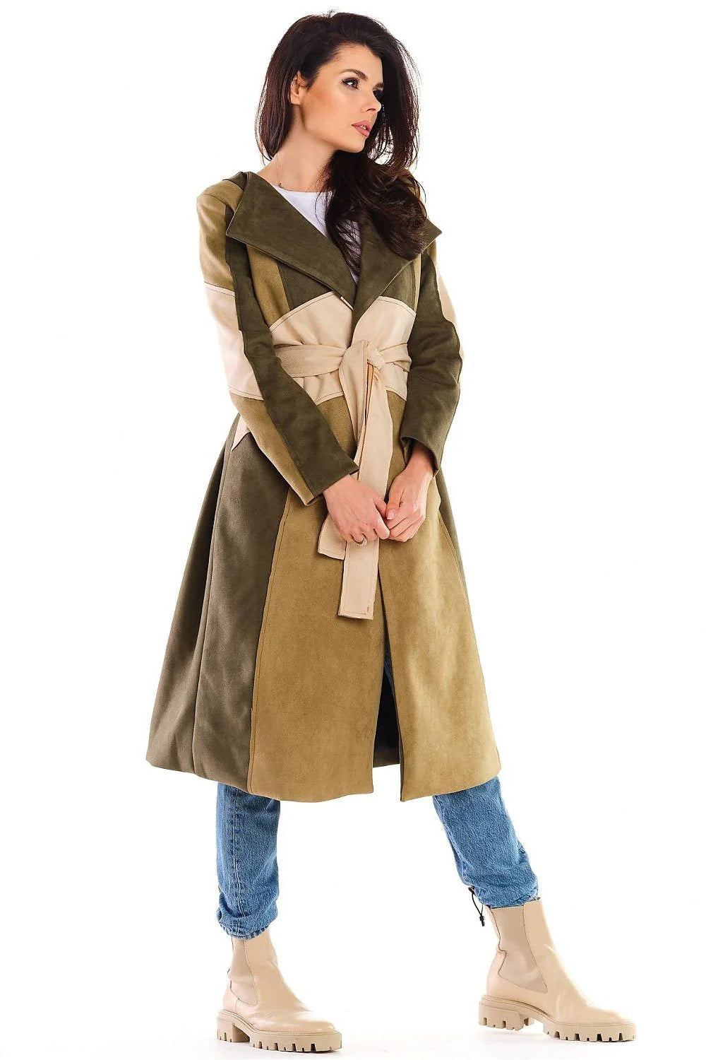 Manteau femme mi-long imitation daim élégant ceinture ajustable kaki beige style moderne automne