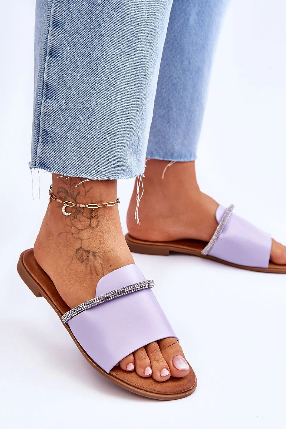 Sandales féminines design élégant strass cuir artificiel semelle cushioned mules ouvertes orteils à découvert couleur lavage pâle
