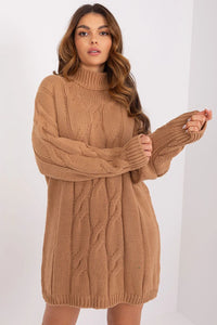 Pull maille épaisse brun camel torsade vertical oversized col roulé manches longues décolleté moderne confort chaleur automne hiver