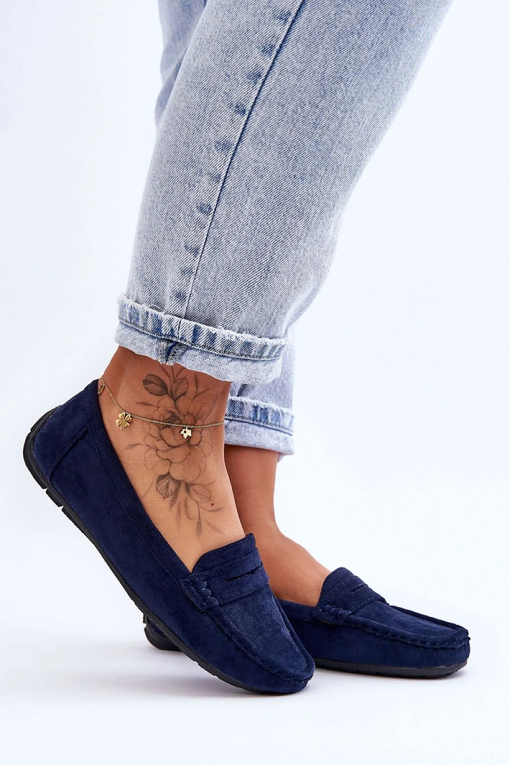 mocassins femmes classiques éco suède confortable antidérapant cuir artificiel bleu marine slipon bout rond penny surpiqûres