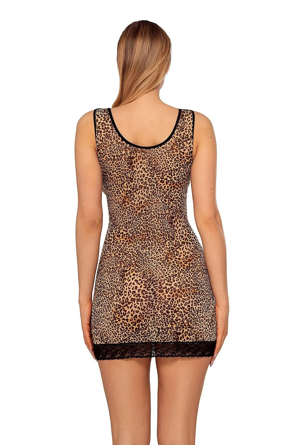 robe courte moulante ajustée femme motif léopard encolure V dentelle noire ourlet bretelles larges tissu extensible soyeux polyamide elasthanne glamour