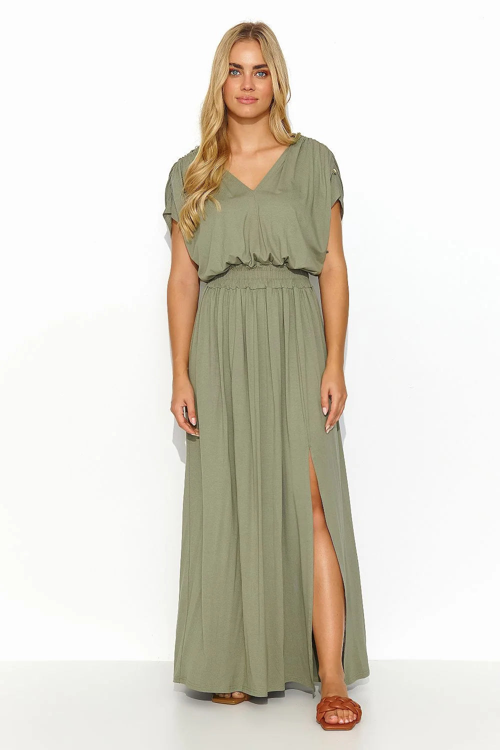 Robe longue en vert kaki, style décontracté, coupe ample, encolure en V, manches courtes, taille élastiquée, fente latérale, tissu léger, pour femme, été, casual, mode intemporelle